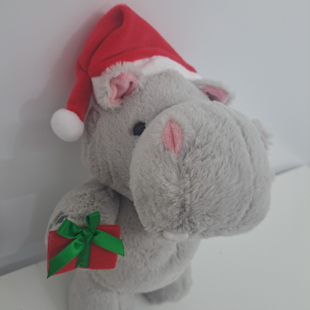 Hallmark Christmas Hippo Plush Santa Hat Gift Box Gray MJC3185 Holiday Decor